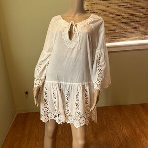 Boston Proper White Crochet Blouse Dress or Coverup Size L